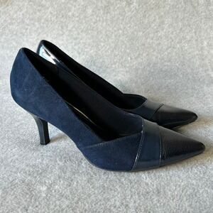90s Fioni Navy Suede Shoes & Patent‎ Leather Pointed Toe Heels Women's 8 Retro